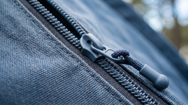 Tent zipper on fabric close up