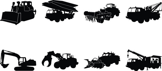 Heavy Construction Machinery Silhouette Set with Industrial and Engineering Vehicle Icons © Moyuri
