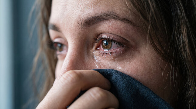 Tearful woman wiping her face with cloth