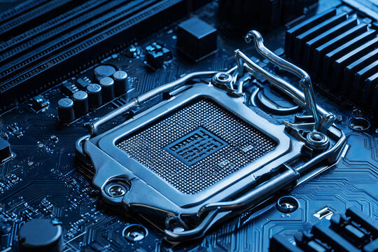 Close-up view of an empty CPU socket on a computer motherboard with surrounding electronic components.