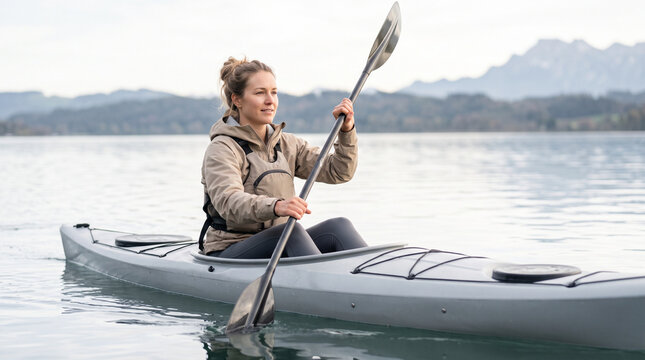 Woman kayaking on calm lake