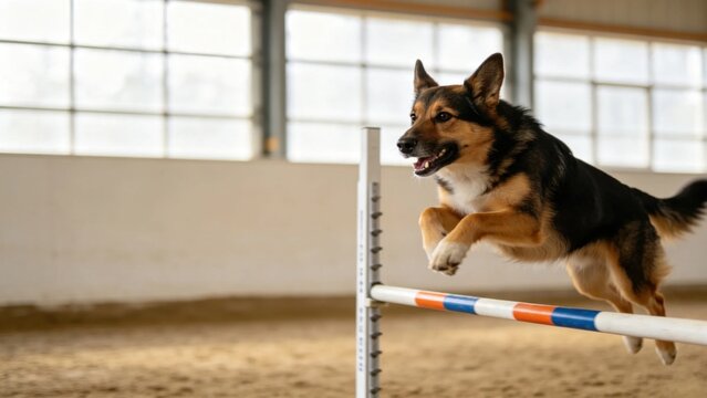 Agility competition dog leaping over hurdle obstacle with bl