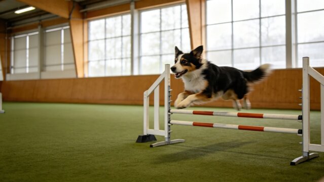 Agility competition dog leaping over hurdle obstacle with bl