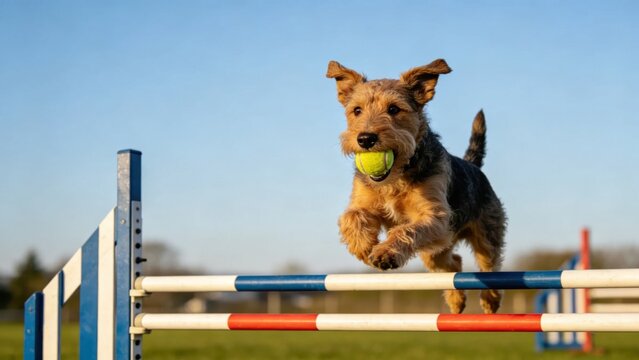 Flyball relay dog jumping over hurdles with tennis ball in m