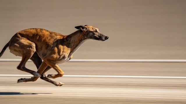 Whippet dog accelerating on straight track with muscles tens