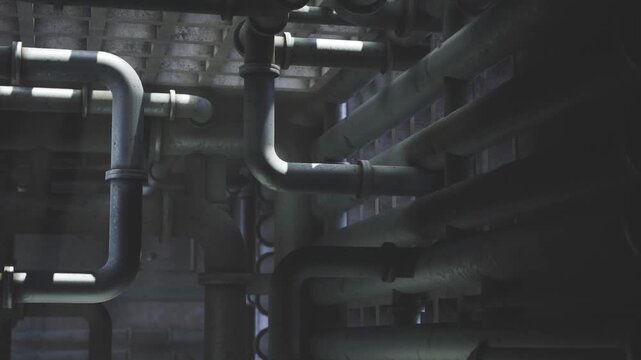 Tight pipe shaft with layered ducts and emergency access routes, concentrated darkness pierced by faint strip light, textured concrete, safety signage hints,