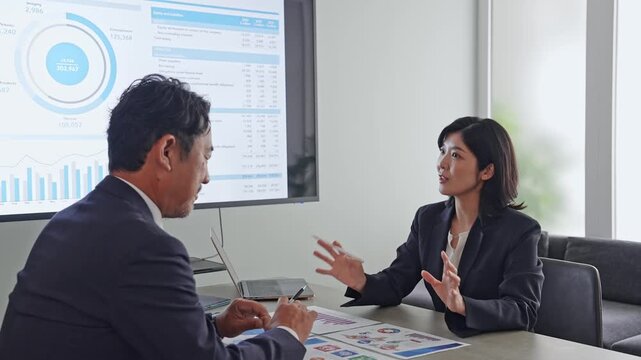 面談する男女ビジネスパーソンのグループ。商談、提案、プレゼン、経営、相談、会議、ビジネス、営業、接