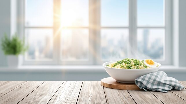Steaming bowl of fresh pasta with peas and egg on wooden table near window with sunrays