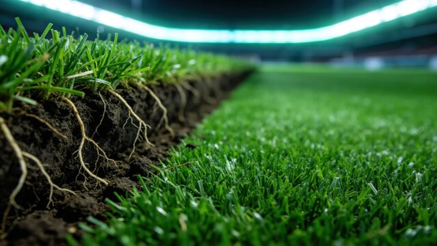 Athletic field turf with visible root structure and soil