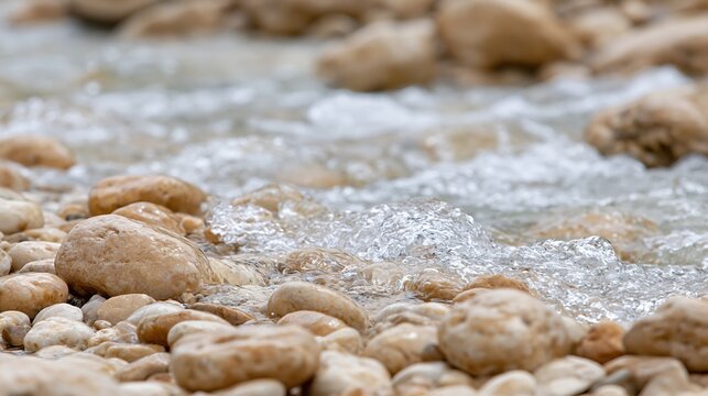 Close-up of a Clear River Flowing Over Smooth, Wet Pebbles in Natural Sunlight