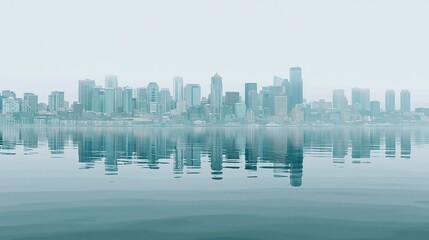 Fototapeta premium Modern city skyline reflected in calm water on a hazy day, urban landscape
