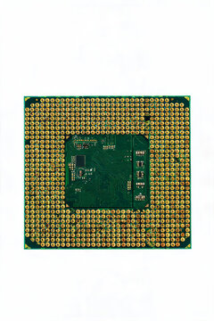 A close-up of a computer processor showing its pin grid array contacts and circuit board, used for electronic data processing.