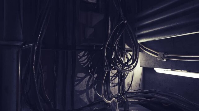 Disorganized audio setup clutter. Cluttered studio with tangled cables and dim lighting. Cable mess over equipment with dim lighting and technical disorder