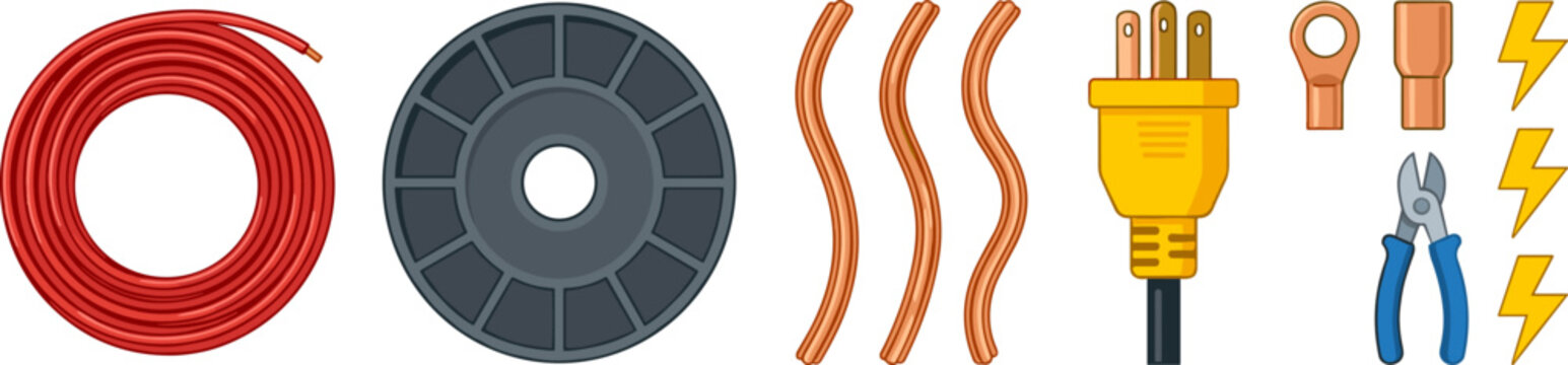 Electrical wiring and power component icon set featuring red cable coil wire spool bare copper strands yellow plug terminal lugs and pliers vectors