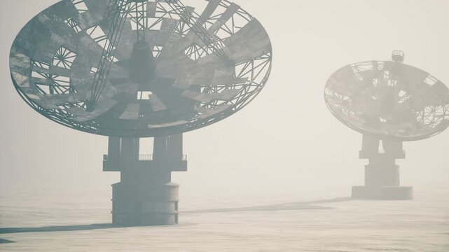 Giant dish silhouette against fog with smaller antenna receding into distance, powerful foreground parabolic reflector dominates composition, muted tones