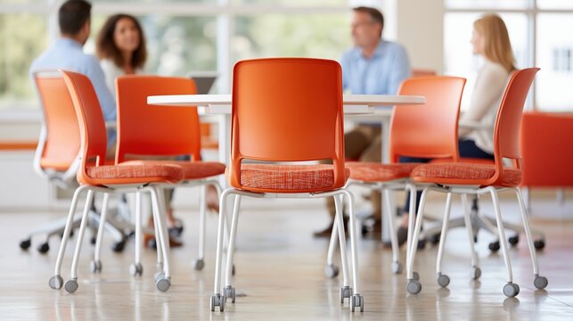 Modern Meeting Room With Orange Chairs and Blurred Business People Collaborating Around a Table