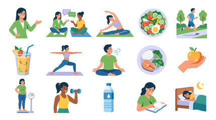 Fototapeta premium Healthy Lifestyle Vector Icons: Exercise, Diet, Sleep, and Relaxation