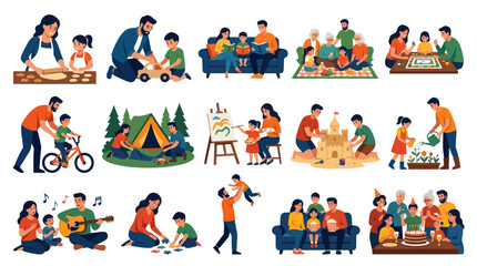 Naklejka premium Happy Family Activities Flat Vector Illustration Set - Parenthood, Childhood, Leisure Lifestyle