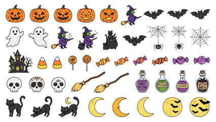 Fototapeta premium Large Halloween Cartoon Collection with Pumpkins Ghosts Witches Bats Spiders Haunted House Candy Skull and Magic Elements Coloring Book Vector