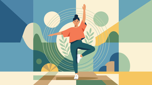 Woman practicing yoga in a colorful room.