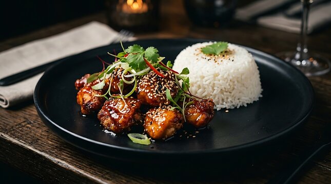 Delicious asian glazed meatballs with white rice served on a black plate in a restaurant. general tso chicken