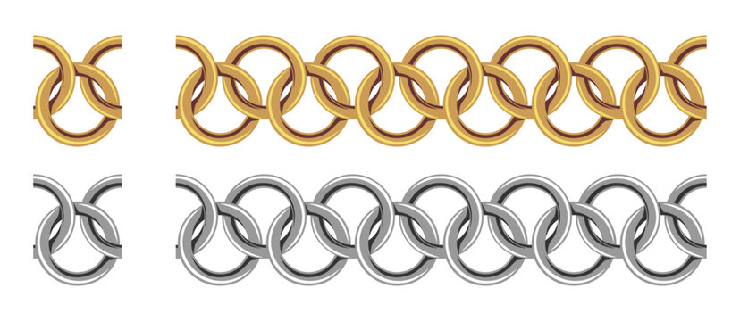 Interlocked Circle Ring Chain Seamless Pattern Frame Border Gold and Silver Color Vector Illustration