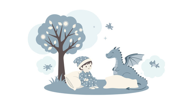 A young boy in blue polka-dot pajamas sits on a pillow next to a friendly dragon under a whimsical tree in a serene, dreamlike world.