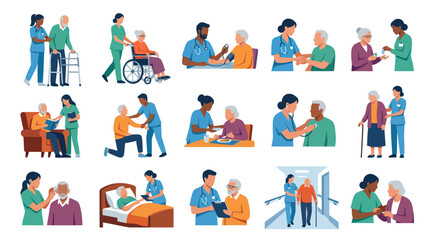 Fototapeta premium Flat Illustration Set: Diverse Caregivers Assisting Elderly Patients