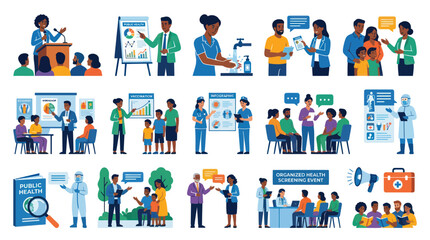 Fototapeta premium Diverse People in Healthcare, Public Health, Education Community Events Flat Vector