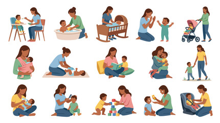 Fototapeta premium Flat Style Illustration of Mother and Child Daily Life Activities Vector Set