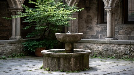 Obraz premium Tranquil Stone Courtyard Fountain with Lush Greenery and Arched Architecture