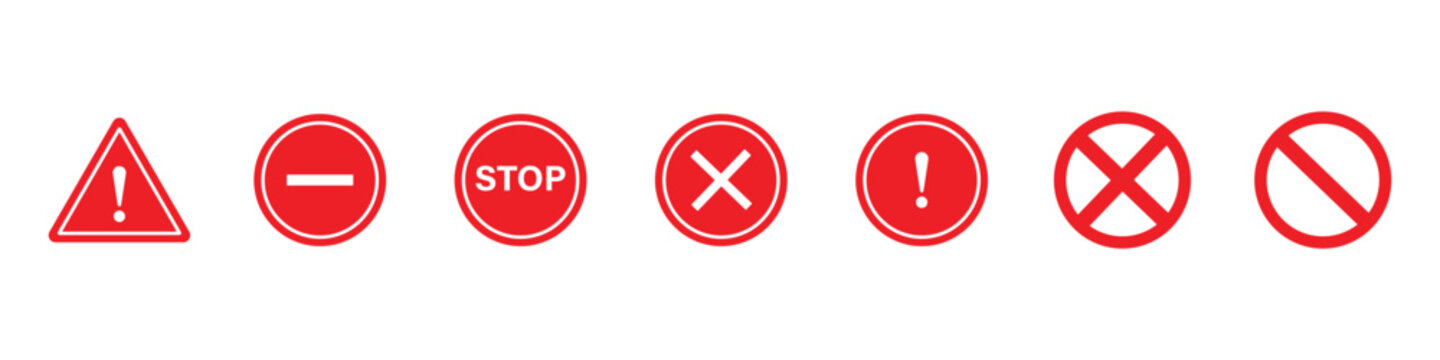 Red stop sign icon set with warning exclamation mark cross and no entry symbols isolated on white background for safety traffic road controls