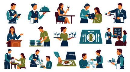 Fototapeta premium Flat Style Icons of Restaurant Staff Serving Food and Drinks