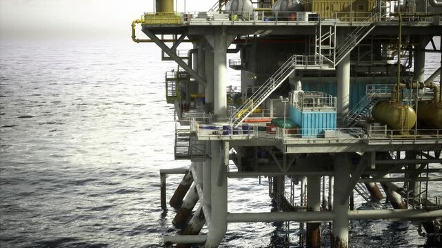Offshore oil rig platform deck with crew on standby during shift change near stairs and railing, portable equipment and lifebuoy visible, cool light and routine