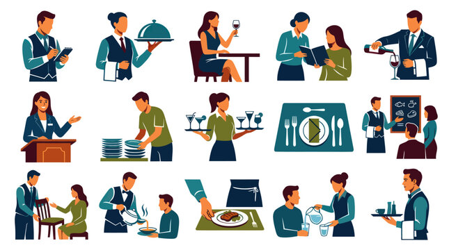 Flat Style Icons of Restaurant Staff Serving Food and Drinks