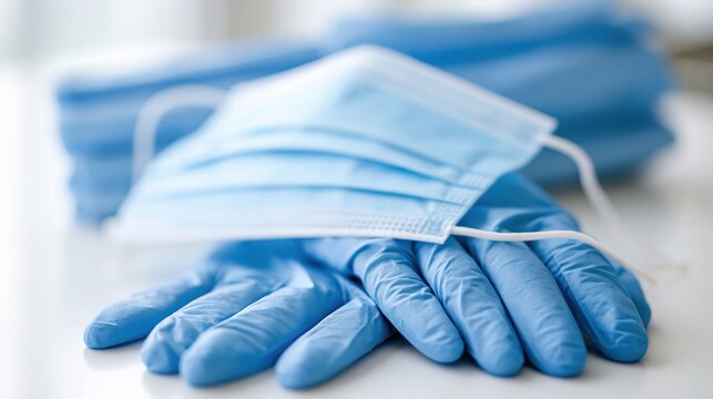Stack of Blue Medical Face Masks and Disposable Gloves for Personal Protection and Health Safety