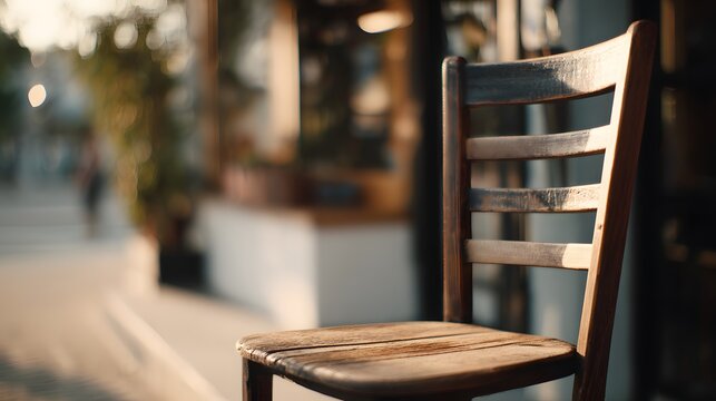 Empty wooden chair outside cozy cafe.