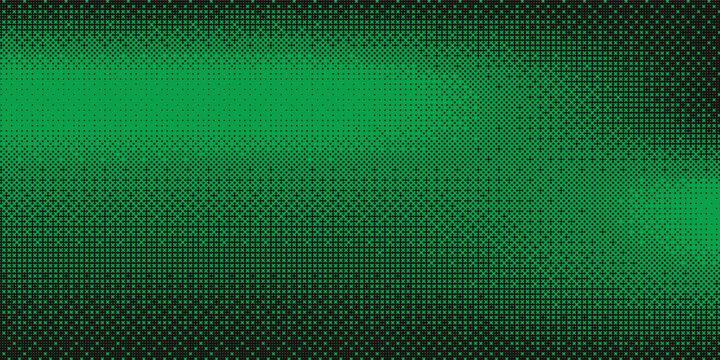 Pixelated bitmap gradient texture. black and green gradient dither pattern background. Abstract glitchy pattern. 8 bit video game screen wallpaper. Wide raster backdrop. Retro pixel art