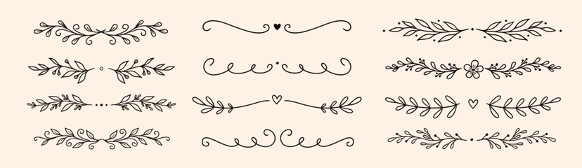 Fototapeta premium Line floral ornament leaf set. Hand drawn line floral ornament border vine doodle flower frame decor. Laurel olive divider flourish wreath botanical wedding garden vintage. Vector illustration