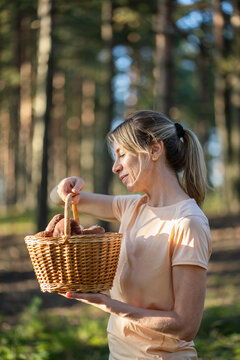 Nature edibles and sustainable harvesting, positive woman forager collected full basket of porcini, pleased happy female harvested edible boletus mushrooms in forest, enjoyment of hobby activity.