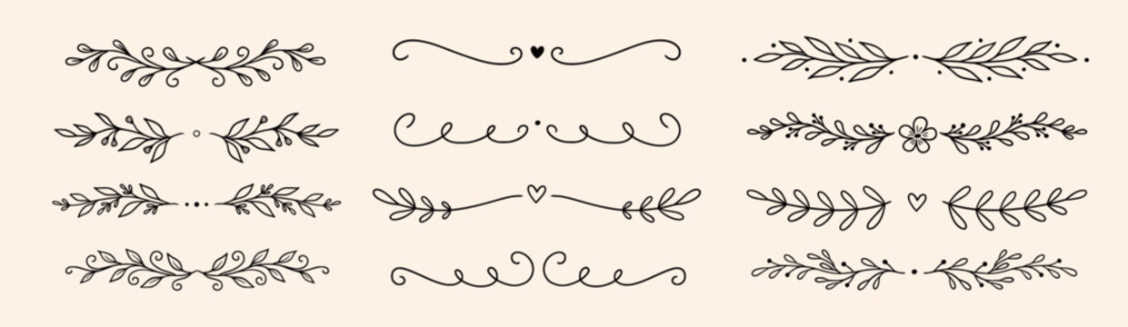 Line floral ornament leaf set. Hand drawn line floral ornament border vine doodle flower frame decor. Laurel olive divider flourish wreath botanical wedding garden vintage. Vector illustration
