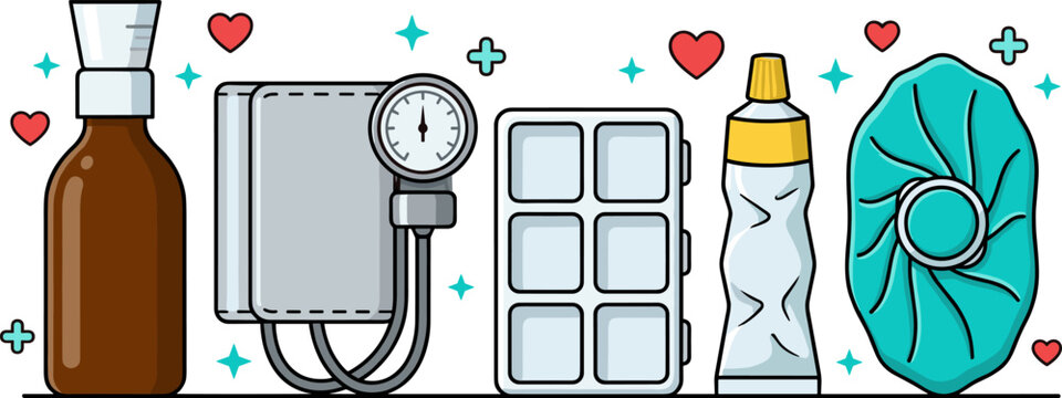 Medical healthcare equipment vector set featuring amber glass syrup bottle blood pressure monitor tonometer pill blister pack ointment tube and ice bag