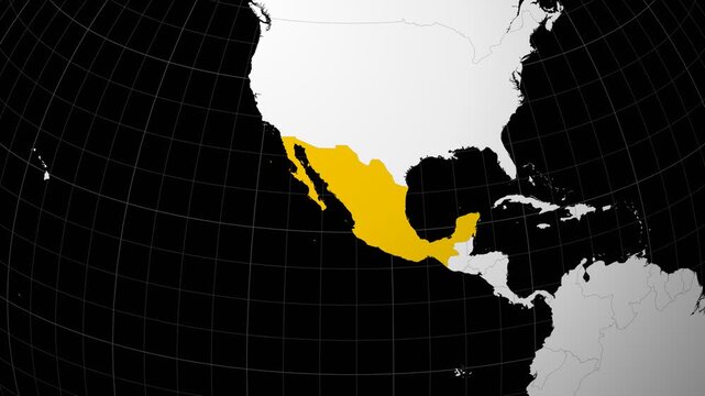 Mexico map. Animated zoom into the country on the Globe in Black White color palette. Country logo animation. Map with meridians, parallels. Appealing video.