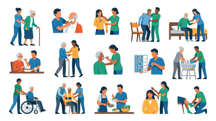 Fototapeta premium Home Healthcare and Elderly Care Services. Caregivers Assisting Senior Citizens with Daily Tasks - Flat Vector Illustration