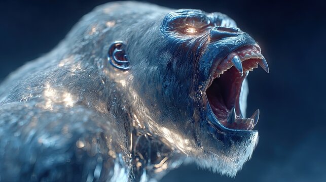Glowing silver gorilla sculpture roaring. Metallic primate statue with intense light effects.