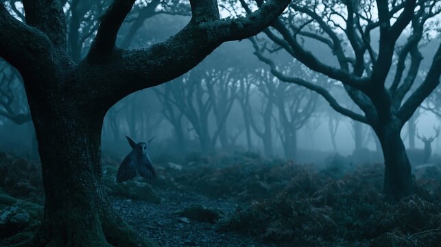 Mysterious Dark Forest with Silhouetted Creature and Eerie Fog