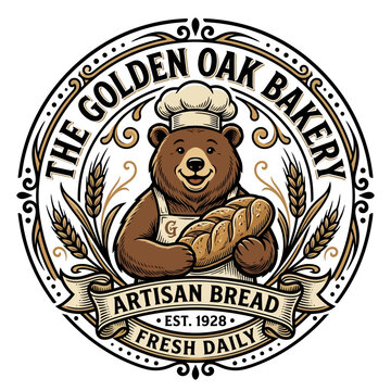 Brown bear baker holding bread loaf.