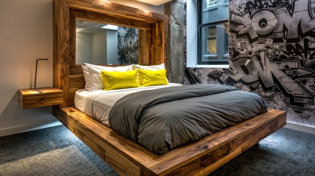 Contemporary bedroom featuring wood bed and urban graffiti mural.