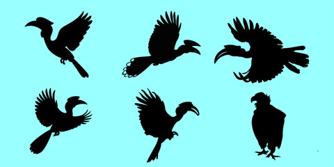 Hornbill Bird Flying Silhouettes and Vulture Silhouette Vector Set © Rizwan