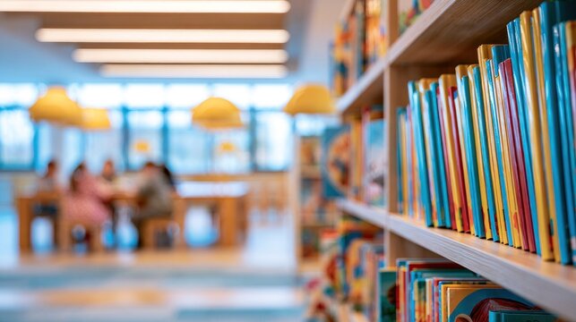 Rows of colorful books in school library.
